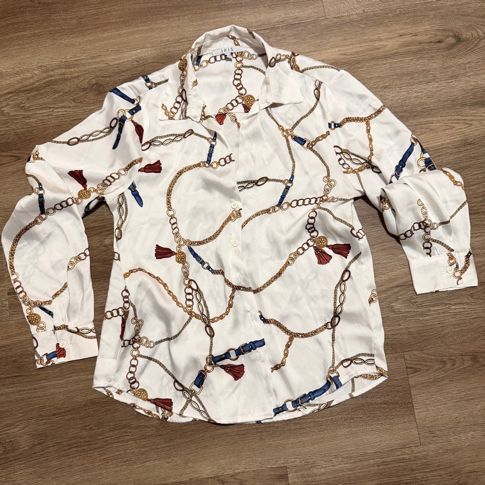 Chain Scarf Print White Blouse S